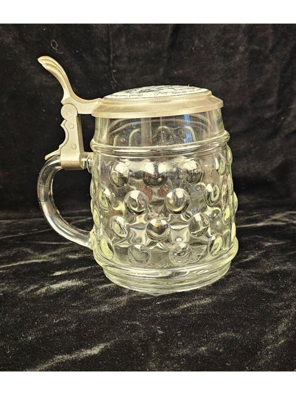Vintage German Glass Beer Stein With Pewter Lid & Etched Design 5” Tall Bubble P